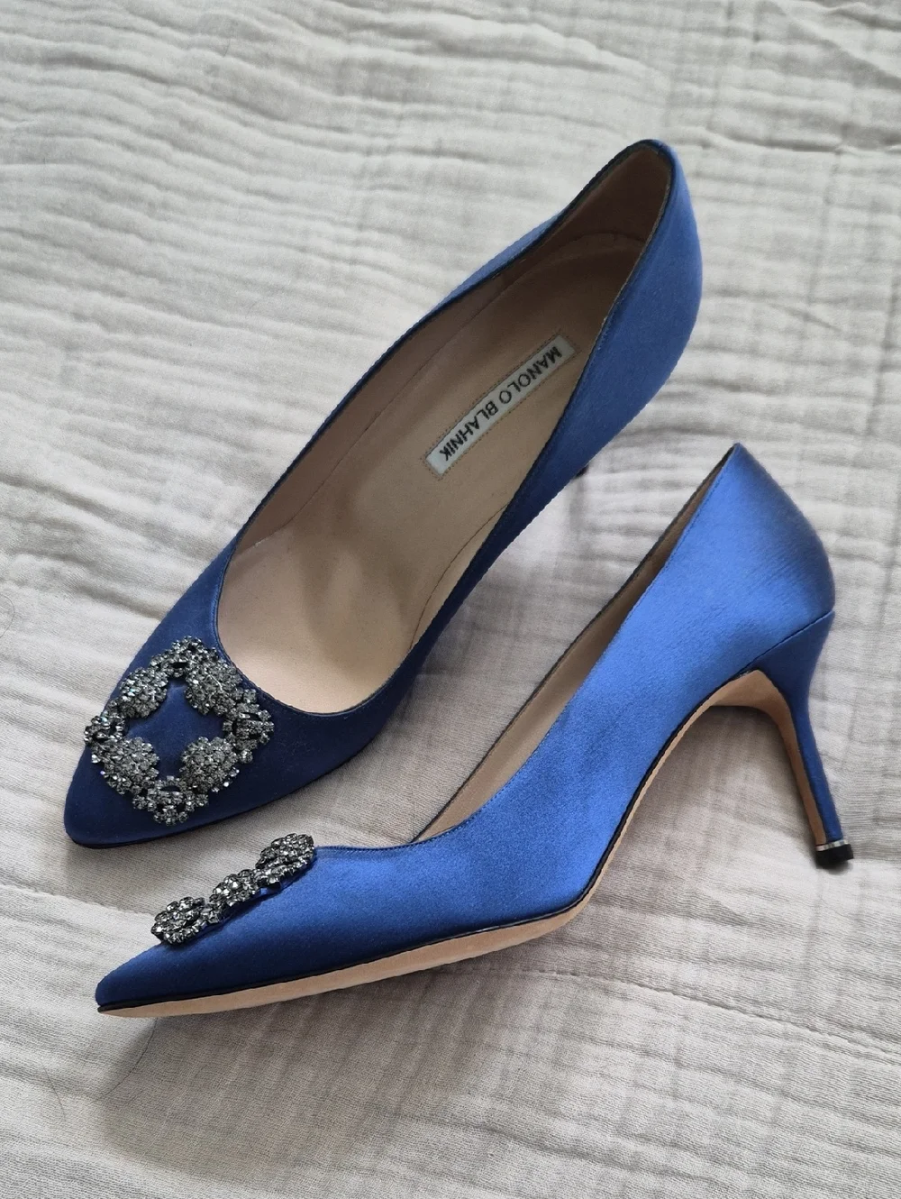 Manolo Blahnik Royal Blue Satin Crystal-Buckle Pointed Pumps - Picture 1 of 1